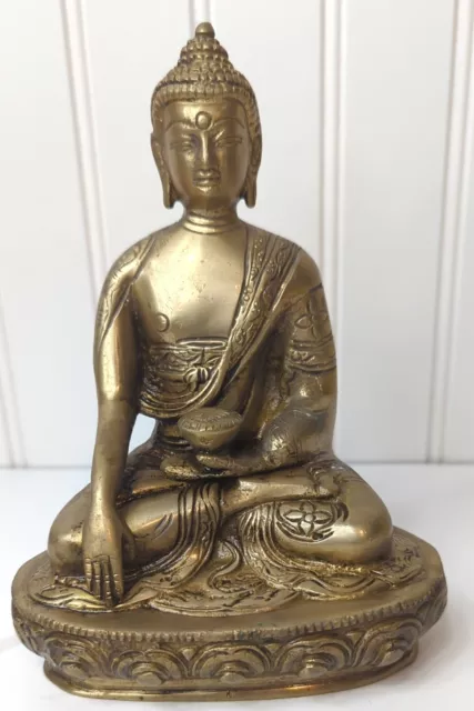 Vintage Tibetan Solid Brass  Buddha Statue 10". Unmarked, Etched Buddhism