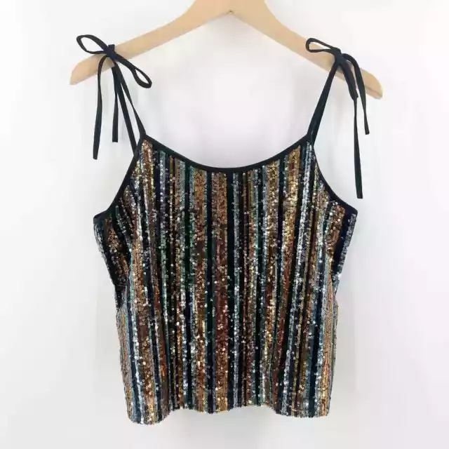 SAY WHAT? Sequin Tank Size Medium Stripe Button Back Tie Straps Open Back Party