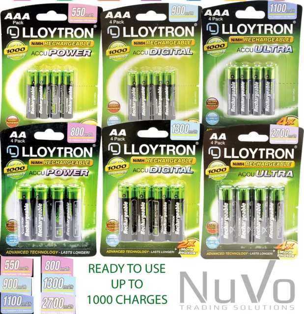 LLOYTRON AA 800-2700 mAh AAA 550-1100 mAh RECHARGEABLE BATTERIES PRECHARGED NiMH