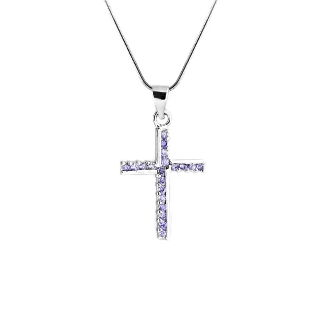 Plata de Ley Medio Morado Amtista Circonia Cúbica Pave Cristiano Collar con Cruz