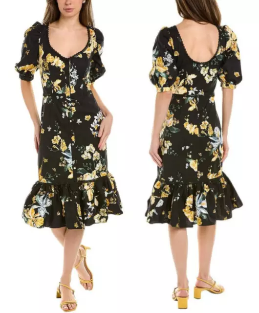 MARCHESA NOTTE Sweetheart Neckline Floral Print Cotton Fitted Midi Dress 10 $475