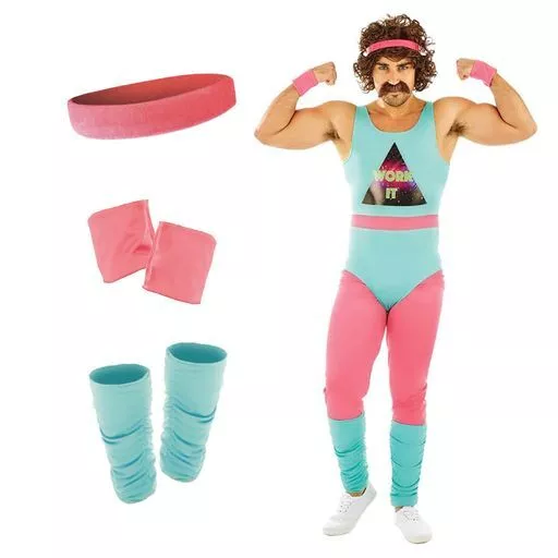 Men`s 80`s Fitness Instructor Costume Adult Retro Leotard Aerobics Fancy Dress