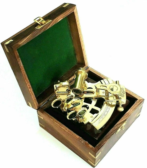 Brass Vintage Style Polish Finish Navigation Nautical Marine Sextant Wooden Box