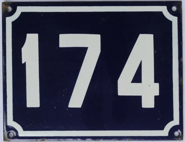 Large old blue French house number 174 door gate plate plaque enamel sign NOS