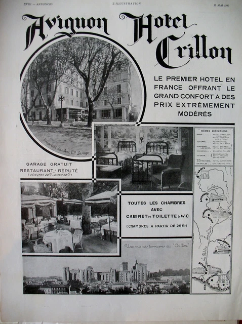 Publicite De Presse Tourisme Avignon Hotel Crillon Provence French Ad 1930