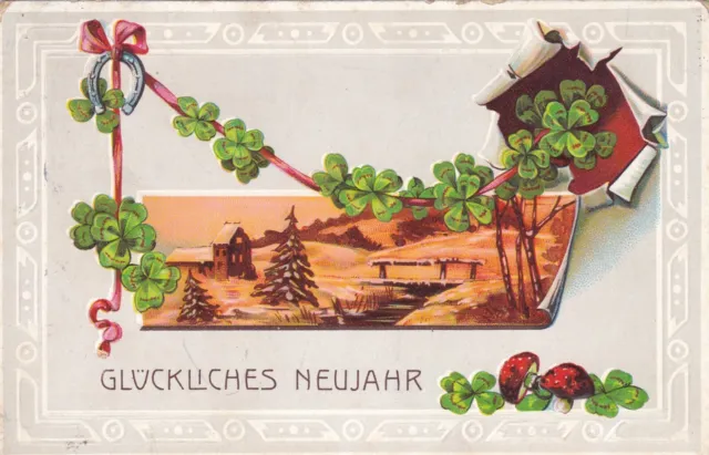 AK Glückliches Neujahr Kleeblatt Präge AK Ansichtskarte Glückwunschkarte 1913
