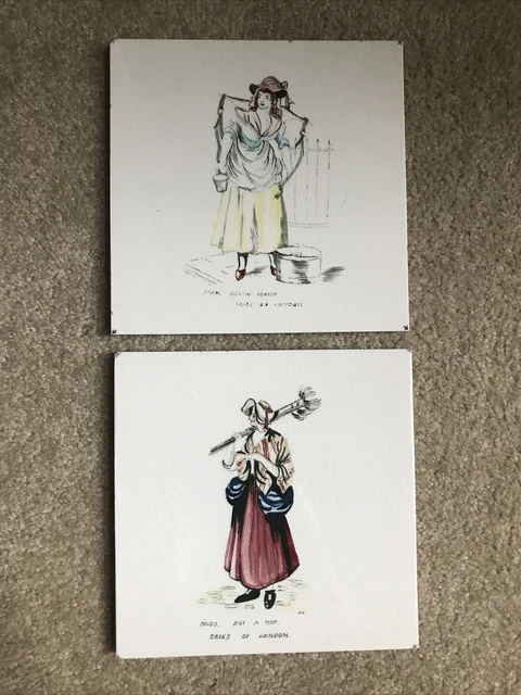 2 Vintage English Ceramic Tile 6x6 CRIES OF LONDON Milk Below Maids, Buy A Mop!
