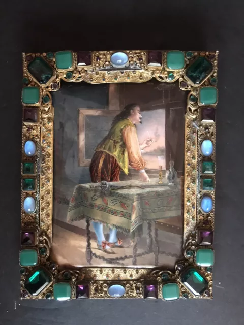 Antique French Enamel Painting / Jeweled Austrian Bronze Frame /signed / 19 Cent