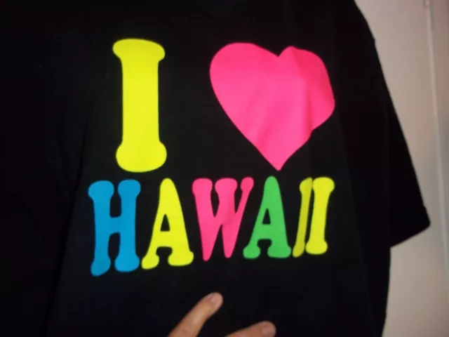 I Heart (Love) Hawaii T-Shirt Unisex Black Neon Lettering Mens Womens ~L~  EUC 2