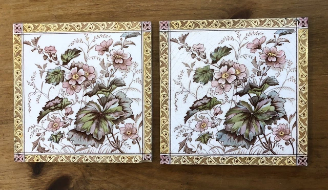 Pair Antique Transferware 6" CERAMIC TILES AESTHETIC MOVEMENT England flowers