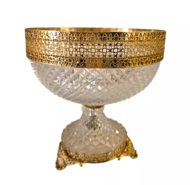 Large Vintage French Cut Crystal Fruit Bowl Ornamental Gilt Pedestal Centrepiece