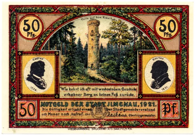 Notgeld der Stadt Ilmenau 50 Pfennig, 1921, Goethe, Marktplatz zu Ilmenau, Thür.