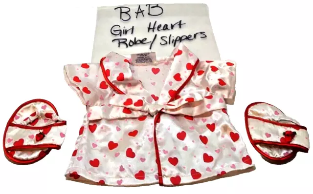 Build A Bear Workshop Girl Robe & Slippers Satin Heart Valentine Design 2 Pieces