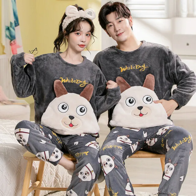 Couple Unisex Sleepwear Warm Winter Fleece Top+Pants Suit Nightwear Pyjamas Set