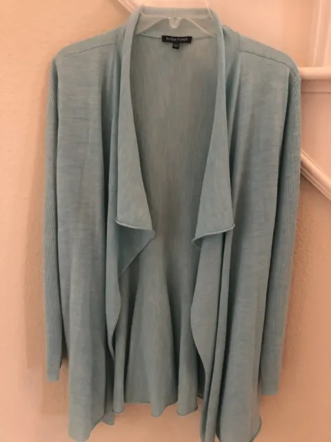 Eileen Fisher Cardigan Sweater Merino Wool Sz Large Open Draped Front Aqua Blue