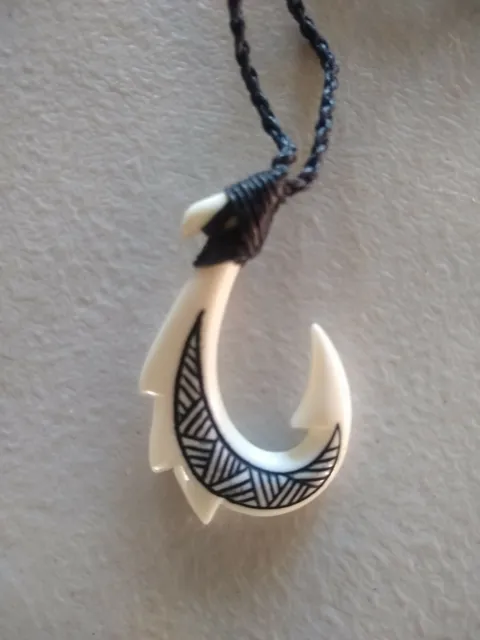 Hand Carved Hawaiian Tribal Bone Hook Necklace