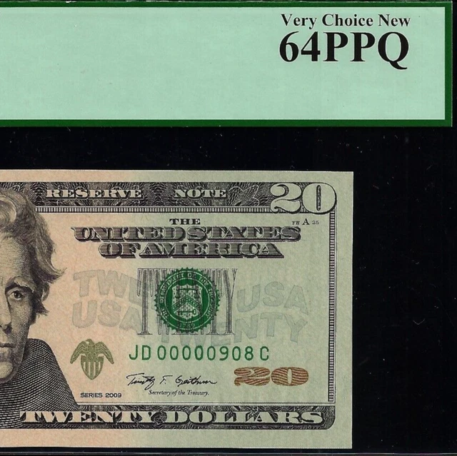 2009 $20 Federal Reserve Note PCGS 64PPQ birthday low serial number 00000908