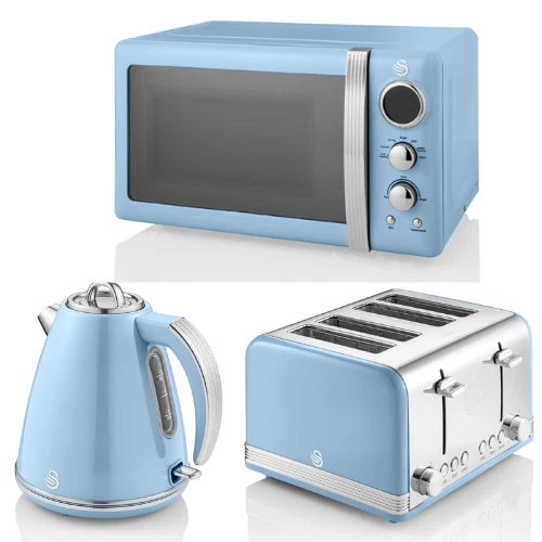 SWAN RETRO BLUE Kitchen Set of 3 Jug Kettle 4 Slice Toaster Digital