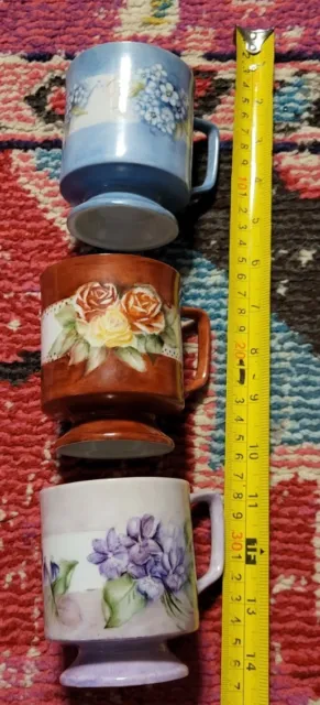 Beautiful set of 3 hand painted floral flowers mugs pedestal style chic decor HP