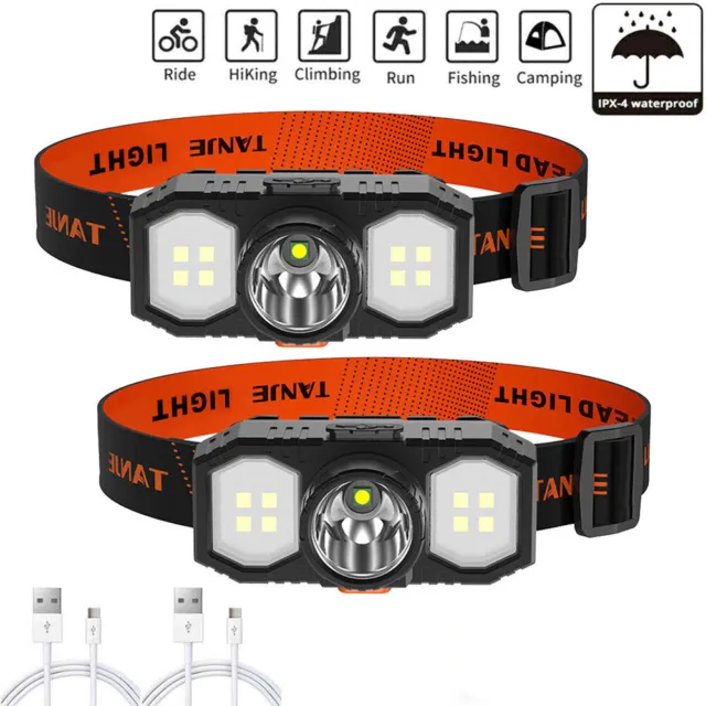 2x COB Super Bright Headlight Rechargeable Headlamp Waterproof LED Head Torch