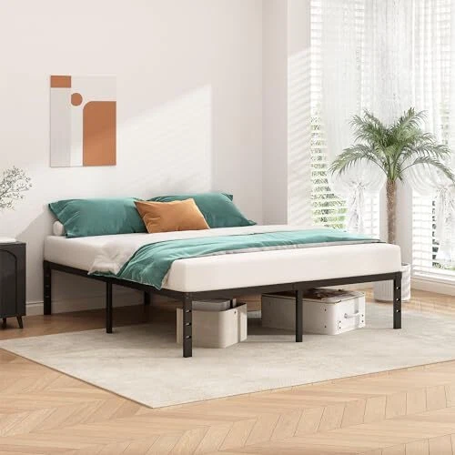 METAL PLATFORM BED Frame Tall Bed No Box Spring Needed,Size Bed Queen