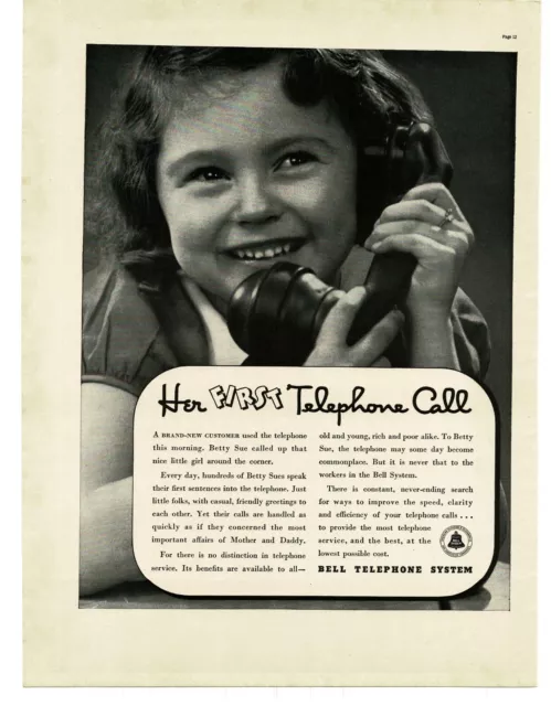 1937 Bell Telephone Cute Young Little Girl First Phone Call Vintage Print Ad