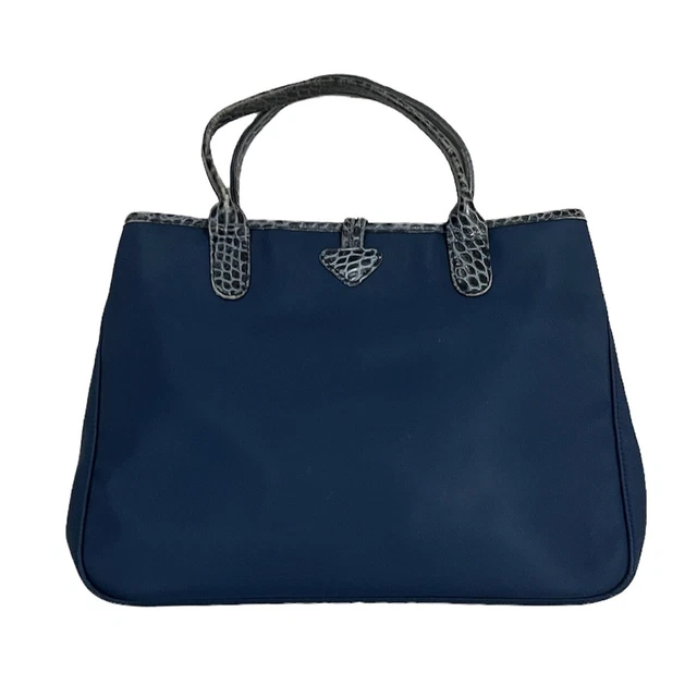 Authentic Longchamp Roseau Navy Canvas Croc Leather Women Purse Bag - Vintage 2