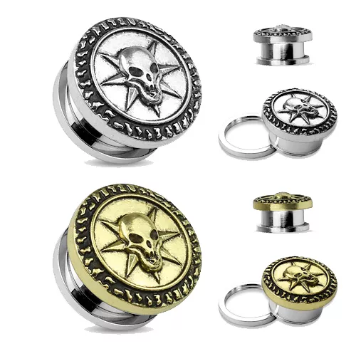 Flesh Tunnel Plug Piercing Acier Inox Tête de Mort Rebel Étoile Gothique Biker