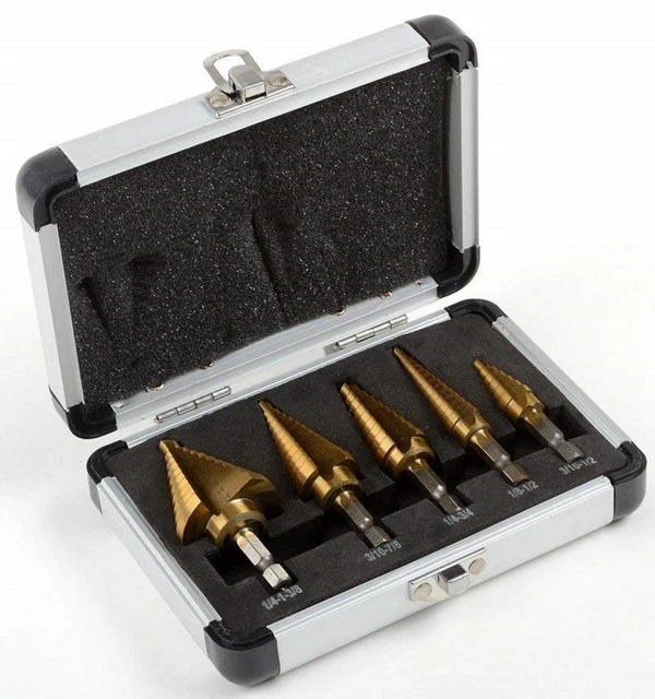 5pc Step Drill Bit Set w/Metal Case,SAE,Quick-Change, 1/4 & 3/8" Shank, 1/8-7/8"