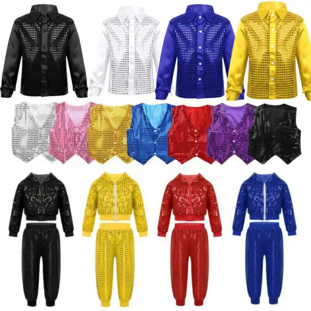 Kids Boys Girls Sequins Dance Outfits Modern Jazz Hip Hop Performance Costume