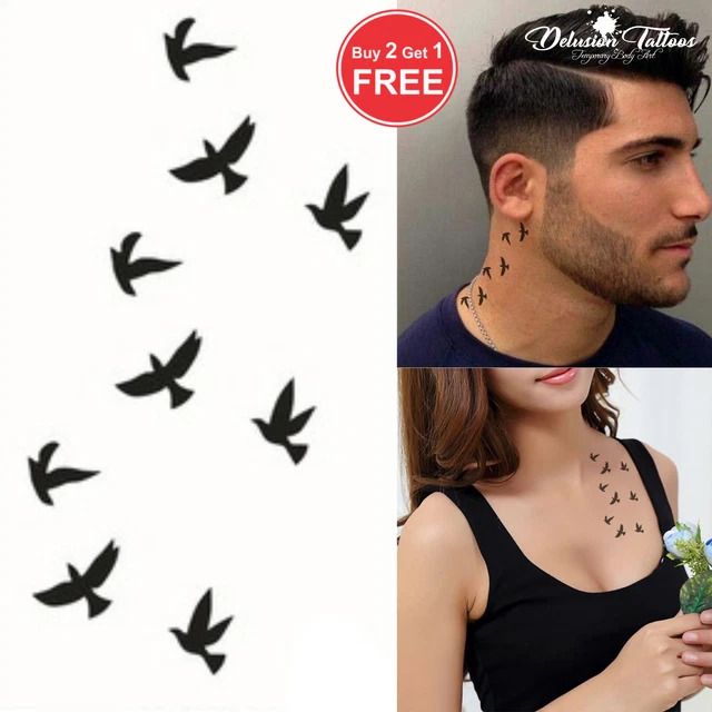 T-shirt Noir Homme Pistol Boutique - Motif Hirondelle Tatouage Style épaule, Col Rond, Coton