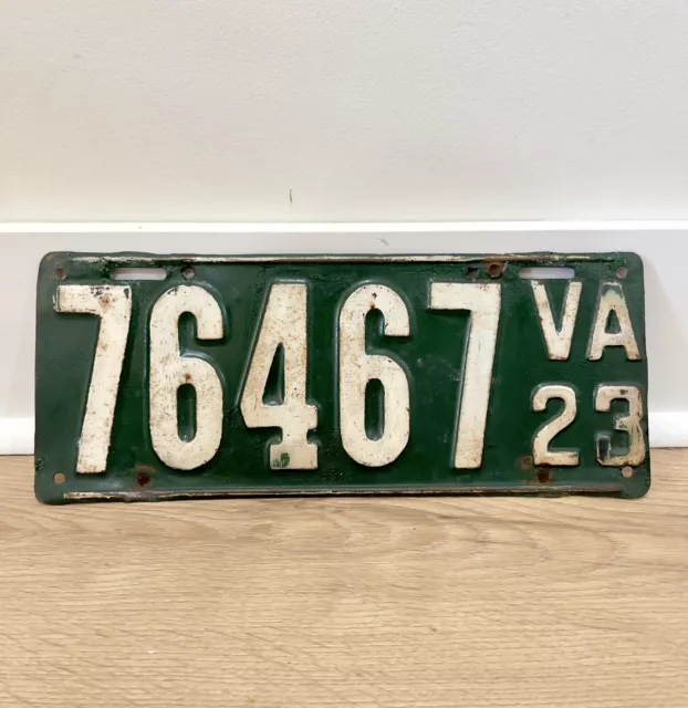 1923 Antique Virginia Vehicle License Plate Original Paint Green & White