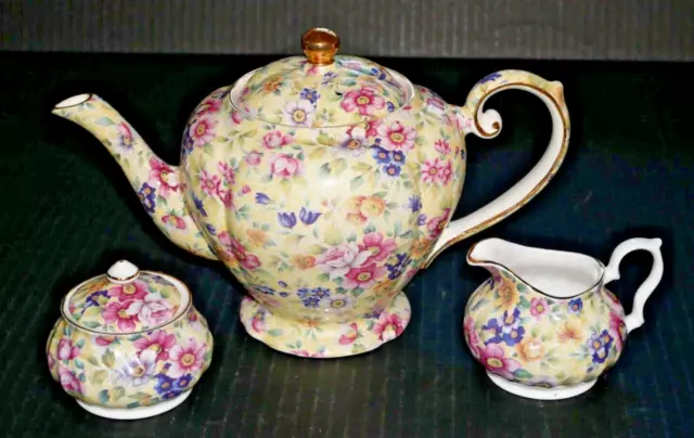 Arthur Wood Tea Pot E&R matching Golden Crown Sugar Bowl Creamer Chintz England