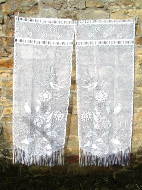 French pair white curtains lace bird floral lovely motif    24'' x 62'' of each