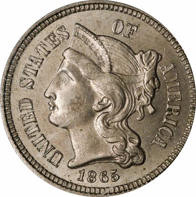 1865 Nickel 3 Cent Piece Pcgs Ms-62 Old Green Holder 1865 Nickel 3 Cent Piece Pcgs Ms-62 Old Green Holder