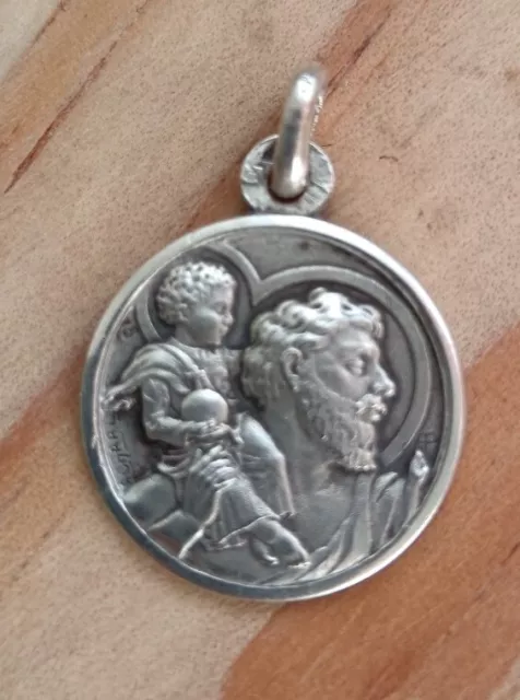 Rare Médaille Religieuse Ancienne Saint Christophe Signée Poinçon Argent Jésus