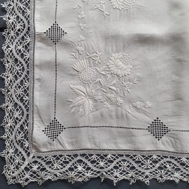 Vintage embroidered linen and lace tablecloth, raised whitework, thistle, super