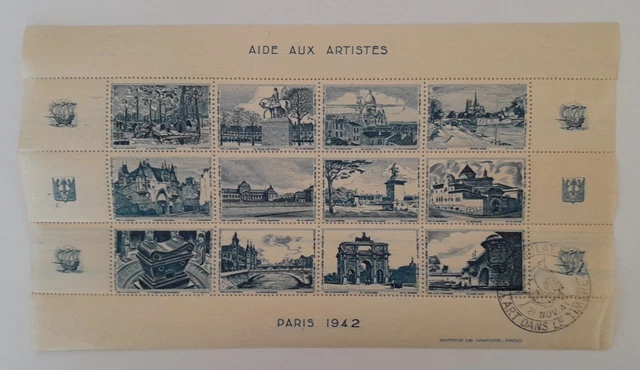 Bloc de coin timbres neufs français AIDE AUX ARTISTES French stamps PARIS 1942