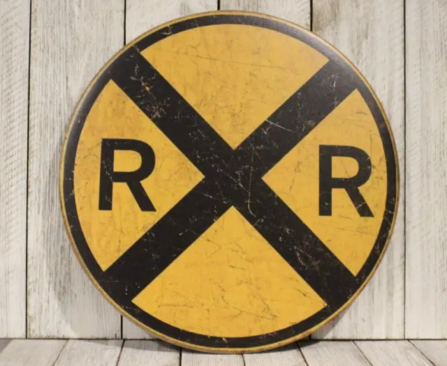 Railroad Crossing Round Warning Tin Sign Metal Vintage Rustic Style Replica
