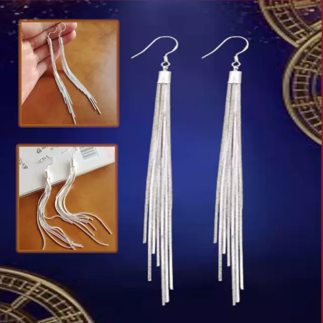 Long Chain Tassel Shaped 925 Sterling Silver Plated Linear Drop Dangle Earrings