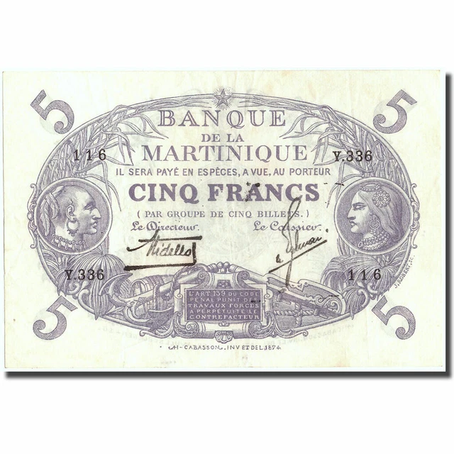 [#215433] Martinique, 5 Francs, Undated (1934-1945), AU(55-58), KM:6