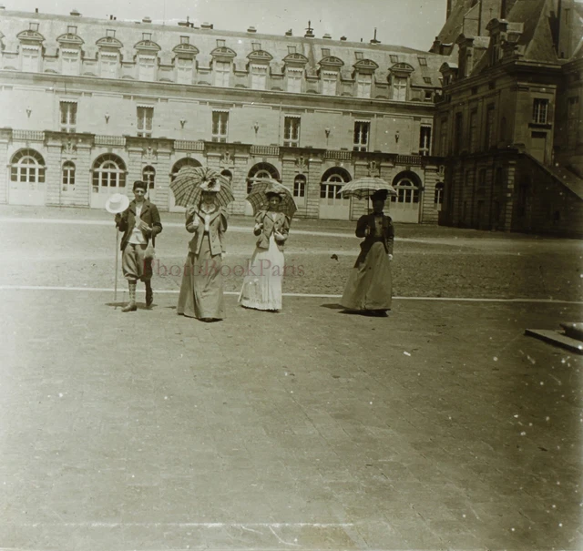 France Fontainebleau Femmes Mode c1900 Photo Stereo Plaque de Verre Vintage 