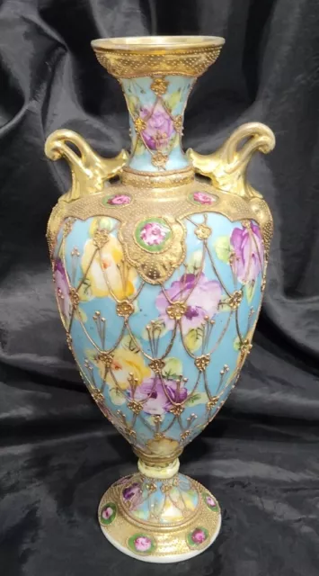 Nippon Royal Kinran Vase Handpainted Roses Heavy Gold Moriage Raised Stunner 12"