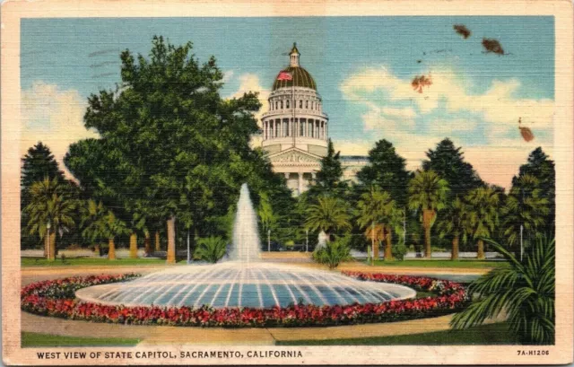 W View State Capitol Sacramento California Linen Postcard PM Bakersfield CA WOB