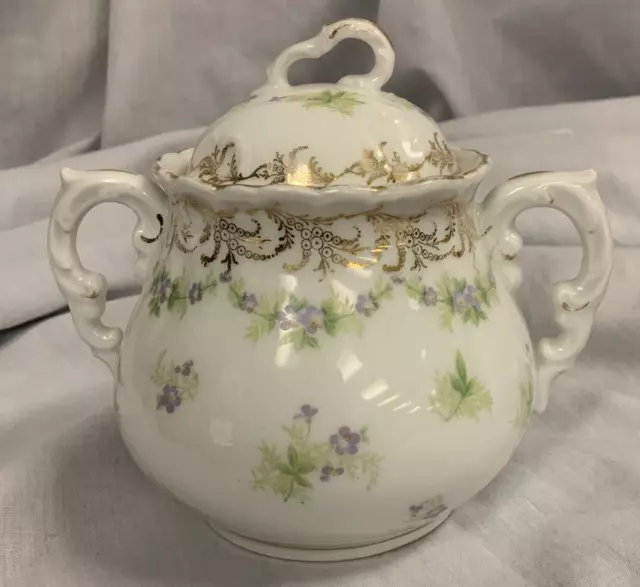 Vintage KPM Sugar Bowl Purple Flowers Gold Trim