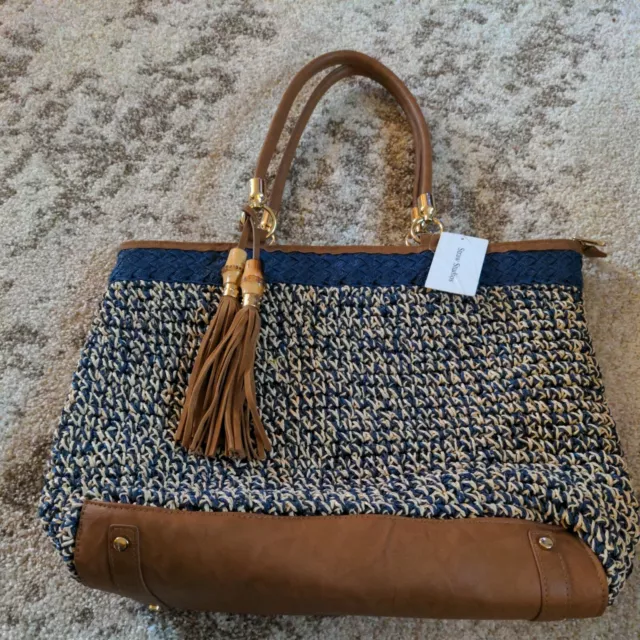 Straw Studios Blue Brown Straw Large Tote Bag Purse NWT