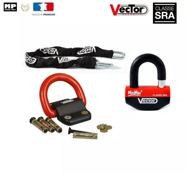 Kit antivol Vector chaîne 1,30m Cadenas Bloque Disque Fixation Compac Homologué