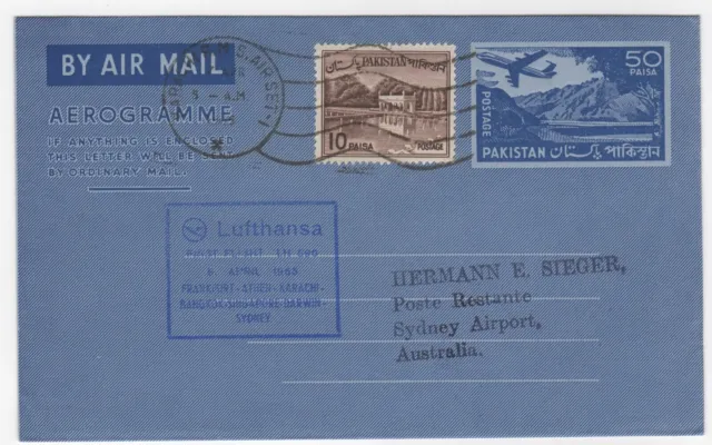1965 Apr 6th. First Flight Aerogramme. Karachi to Sydney. AAMC 1549a.