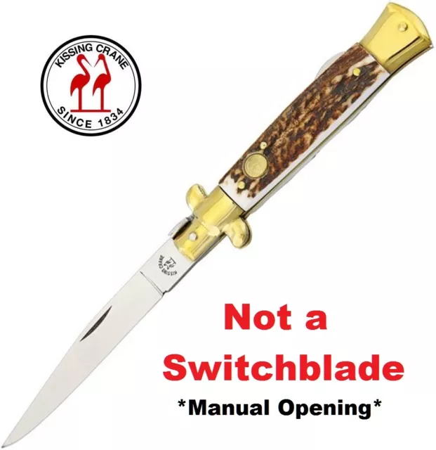 Kissing Crane Italian Made Stag Handle Stiletto 8" Lockback Pocket Knife - NEW