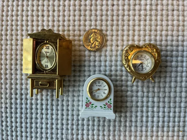 Vintage Miniature Clocks - Lot Of 3 (quarter for size)